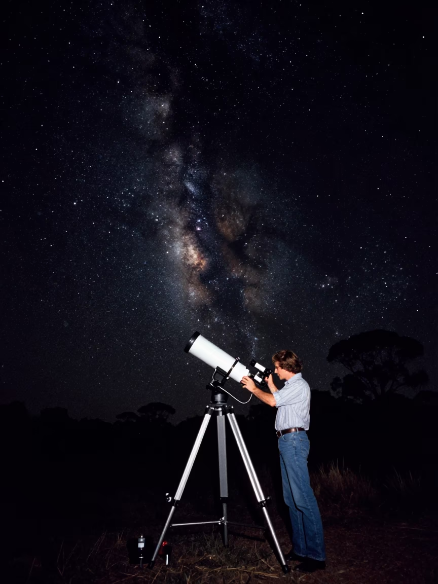 Deep Night Sky Over Adelaide South Australia with Astronomer Calibrating Telescope in in Adelaide, South Australia, Australia