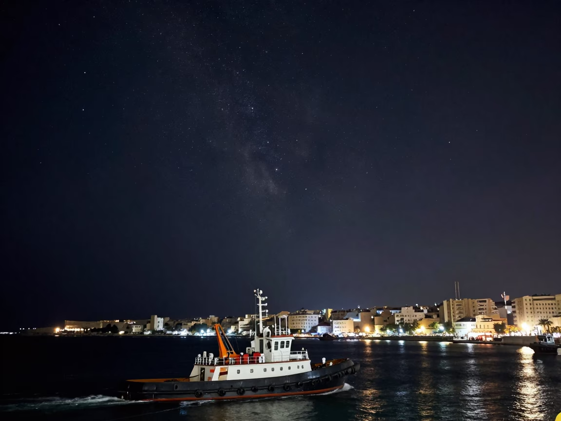 Deep Night Sky Over Alexandria Egypt Harbor with Tugboat and City Lights in in Alexandria, Egypt