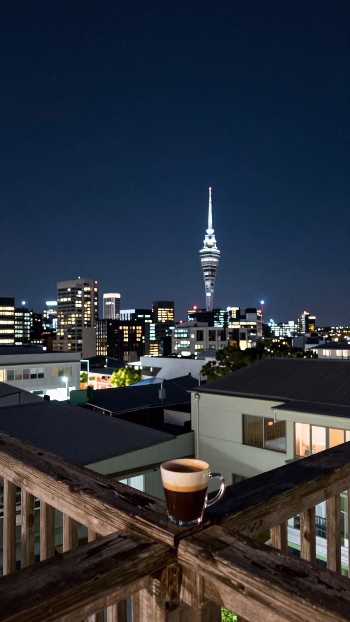 Deep Night Sky Over Auckland New Zealand Rooftop with Espresso and Camellia in in Auckland, New Zealand