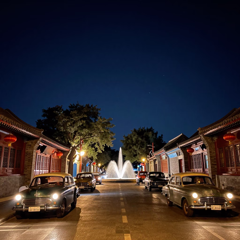 Deep Night Sky Over Beijing Hutong Street With Vintage Car Rally And Fountain Spray in in Beijing, China