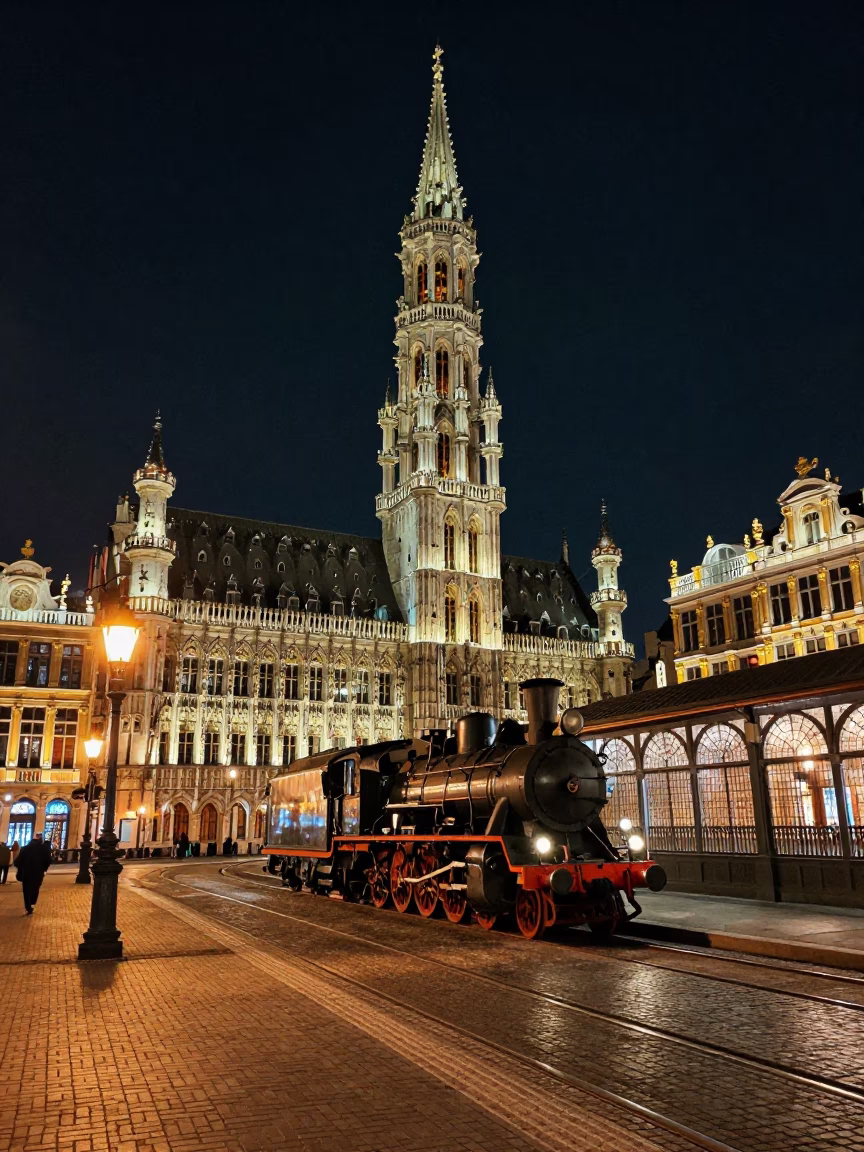 Deep Night Sky Over Brussels Belgium Street Scene with Vintage Elements in in Brussels, Belgium