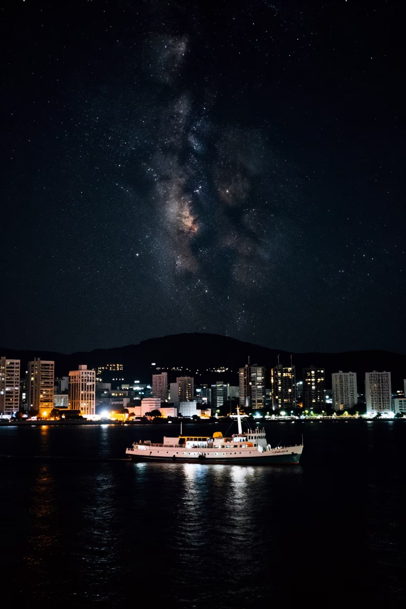 Deep Night Sky Over Busan Harbor With Steamboat and Urban Lights in in Busan, South Korea