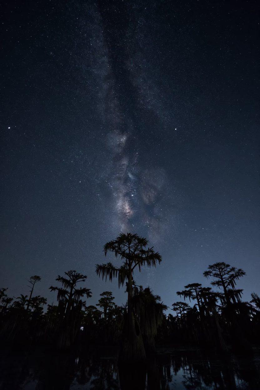 Deep Night Sky Over Charleston South Carolina Cypress Swamp Landscape Photograph in in Charleston, South Carolina, United States