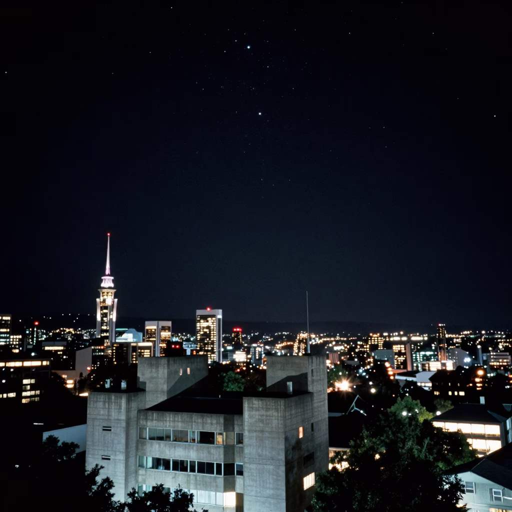 Deep Night Sky Over Christchurch New Zealand Concrete Brutalist Architecture and Urban Landscape in in Christchurch, New Zealand