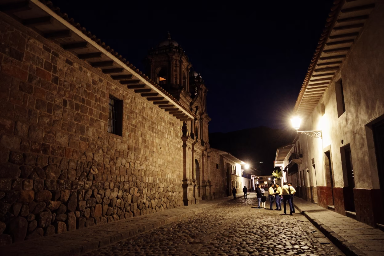 Deep Night Sky Over Colonial Cusco Street With Stone Architecture And Local Life in in Cusco, Peru