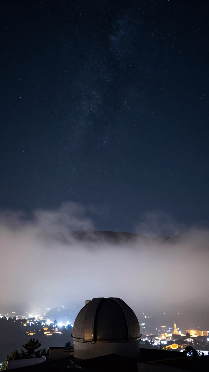 Deep Night Sky Over Cusco Peru Observatory Dome Silhouette Drifting Ground Fog in in Cusco, Peru
