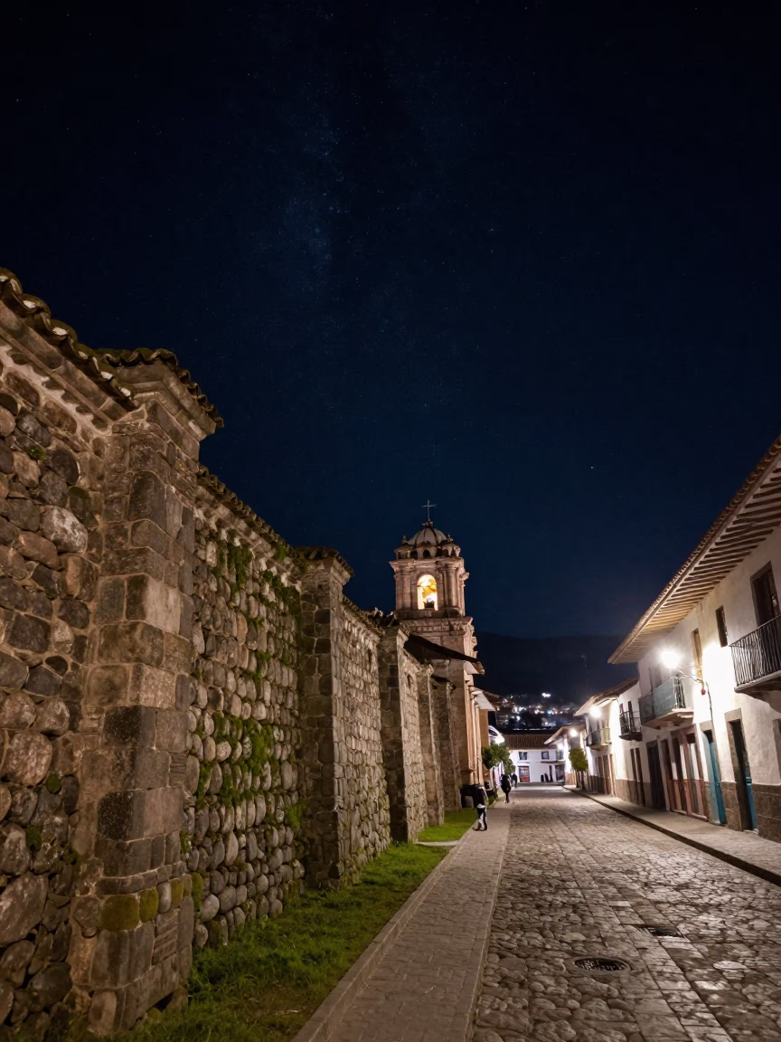 Deep Night Sky Over Cusco Peru Stone Walls and Urban Street Scene in in Cusco, Peru