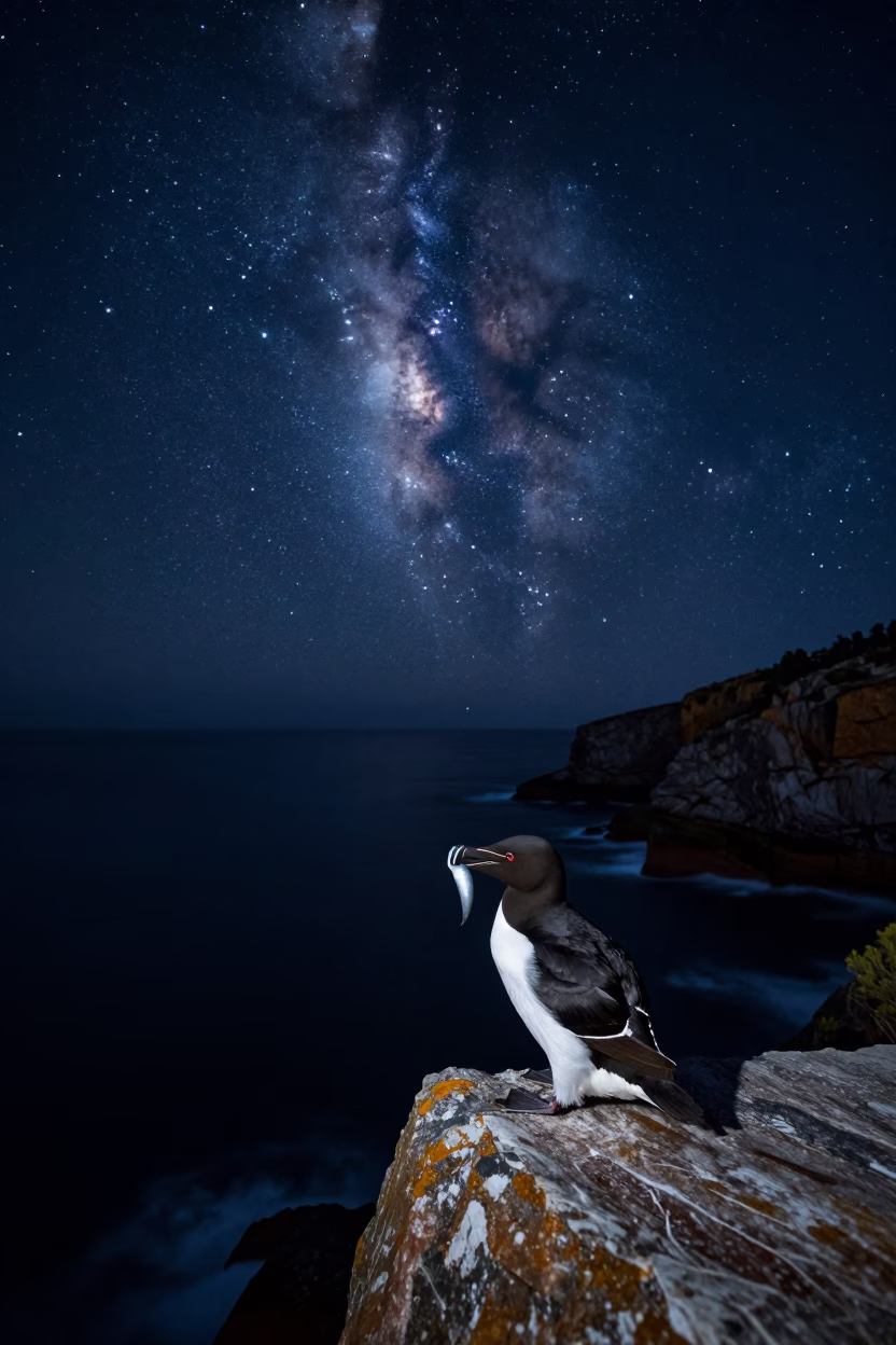 Deep Night Sky Over Hobart Tasmania Australia With Razorbill On Sea Cliff in in Hobart, Tasmania, Australia