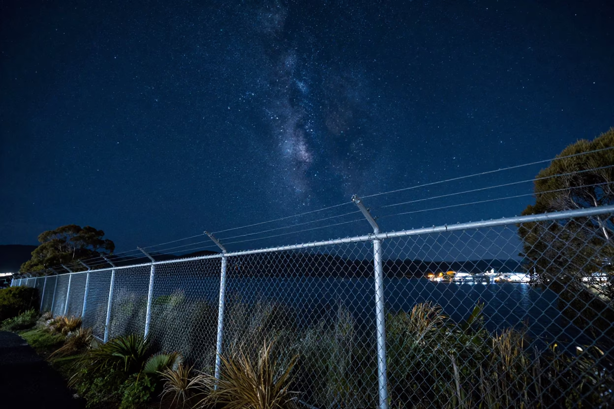 Deep Night Sky Over Hobart Tasmania Australia With Substation Fence And Rolling Carts in in Hobart, Tasmania, Australia
