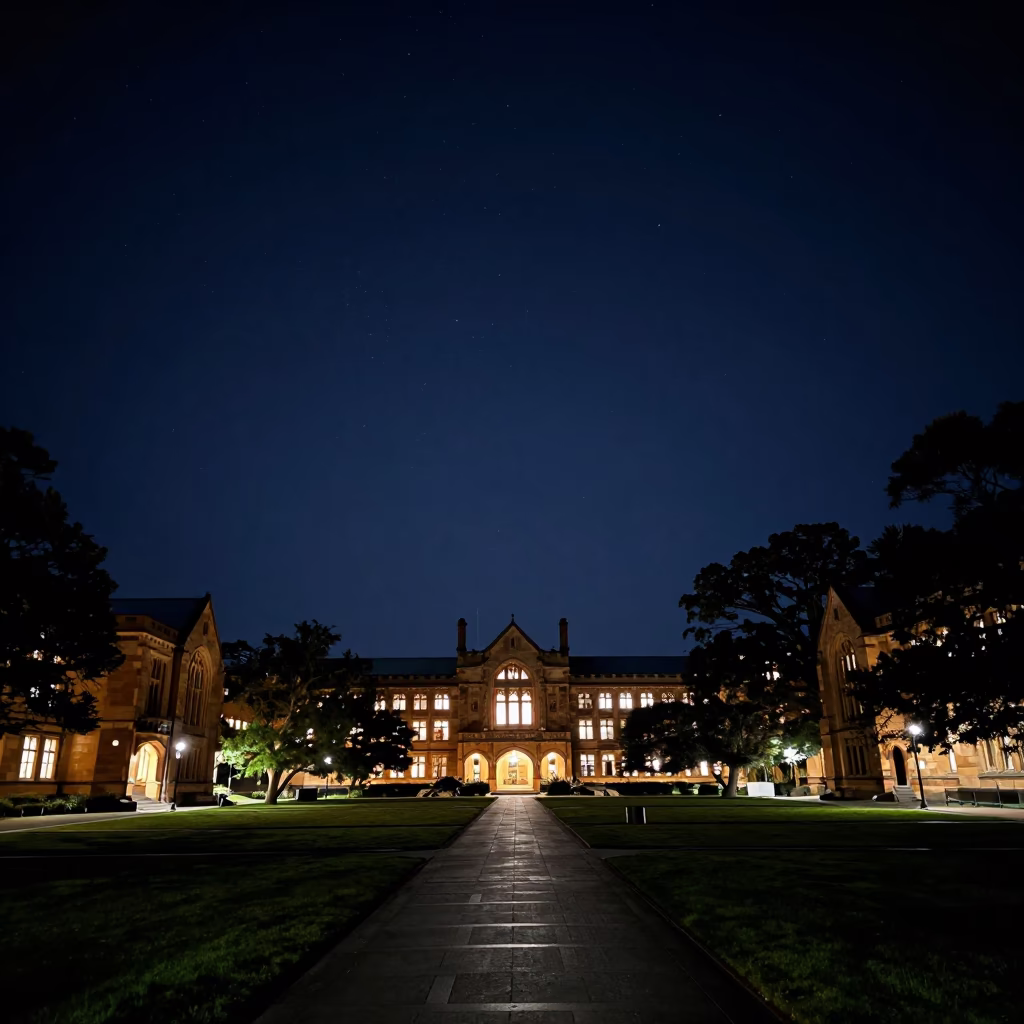 Deep Night Sky Over Hobart Tasmania Campus Quadrangle After Final Exams in in Hobart, Tasmania, Australia