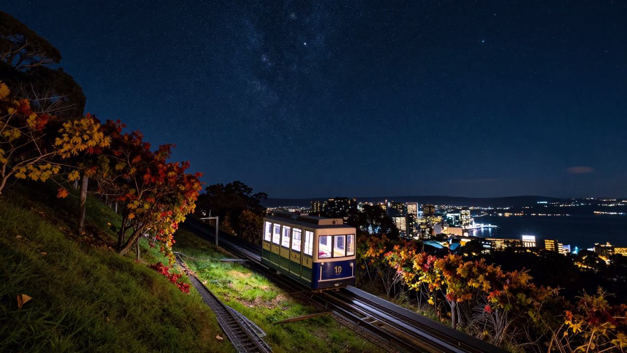 Deep Night Sky Over Hobart Tasmania Funicular Hill Autumn Vines in in Hobart, Tasmania, Australia