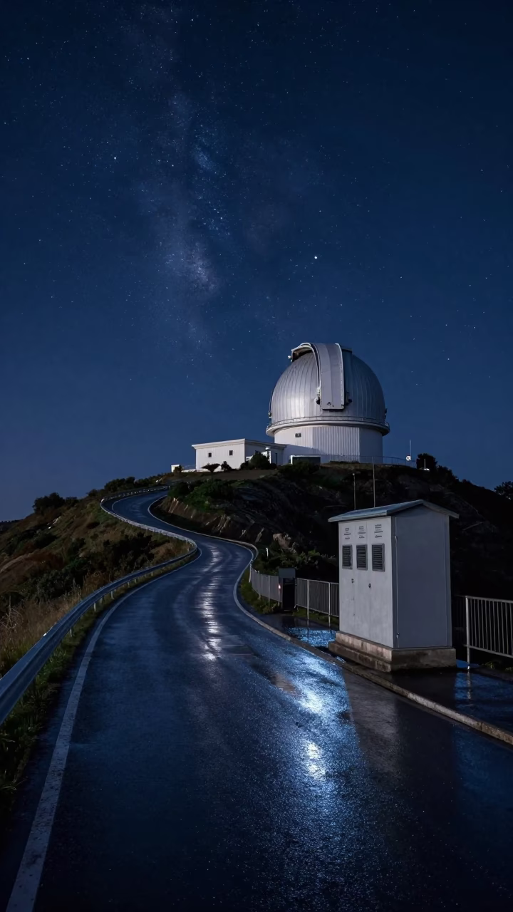 Deep Night Sky Over Lisbon Hilltop Observatory and Rain-Slicked Substation Road in in Lisbon, Portugal