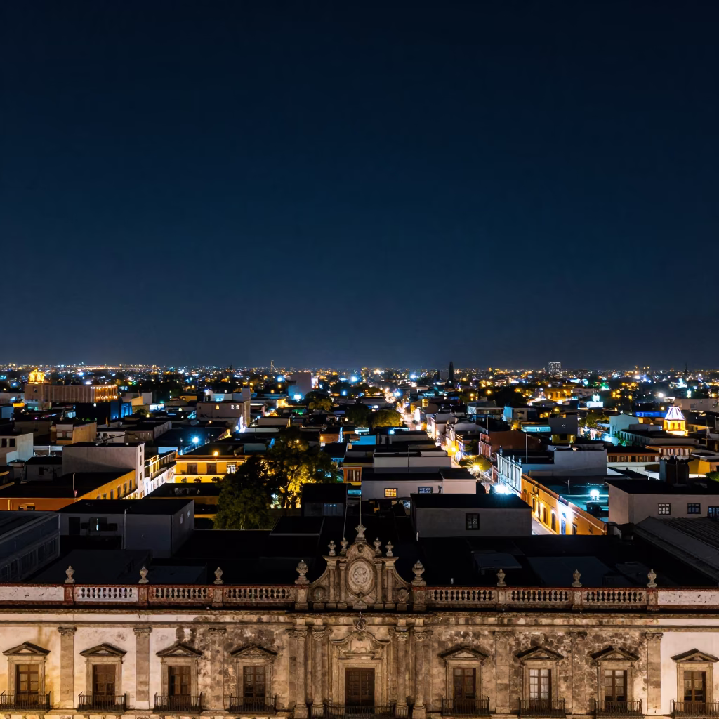 Deep Night Sky Over Merida Mexico Cityscape with Historic Architecture and Distant Streetlights in in Merida, Mexico