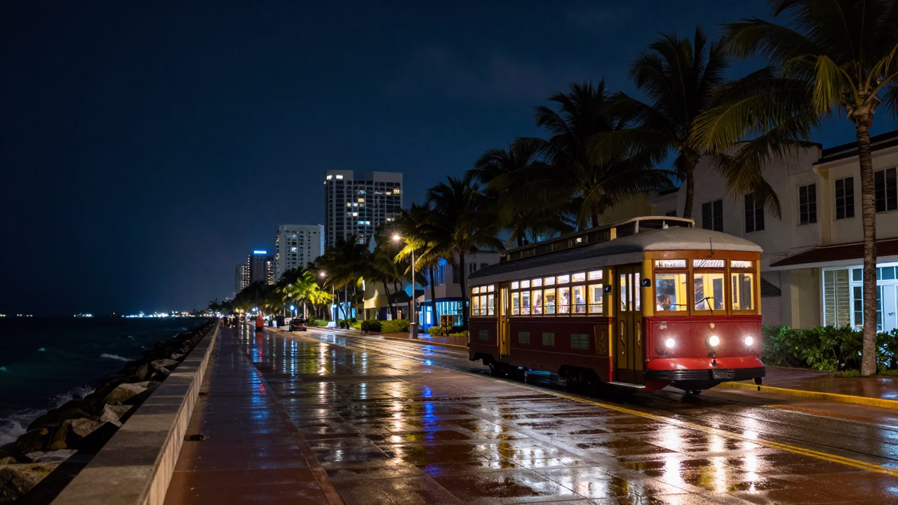 Deep Night Sky Over Miami Florida Coastal Promenade With Heritage Tram in in Miami, Florida, United States