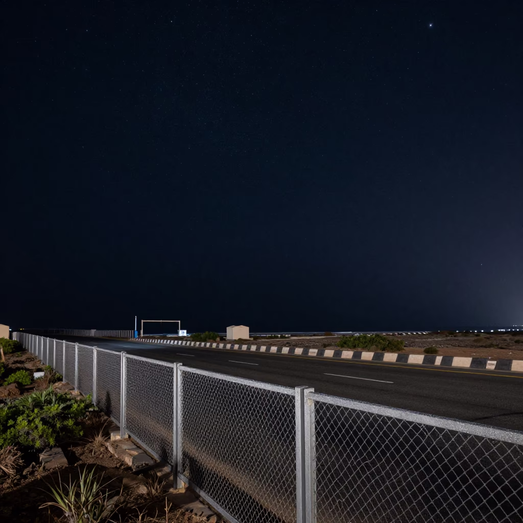 Deep Night Sky Over Muscat Oman Coastal Road and Substation Fence in in Muscat, Oman