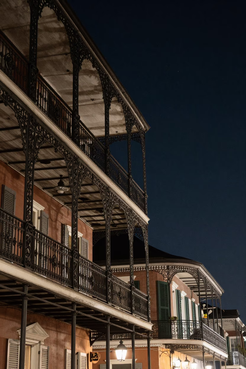 Deep Night Sky Over New Orleans French Quarter Balcony with Brass Fixtures in in New Orleans, Louisiana, United States