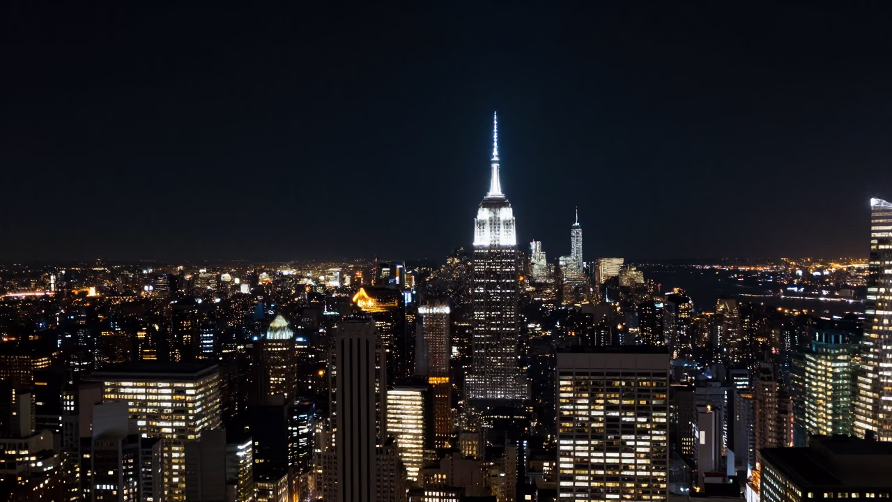 Deep Night Sky Over New York City Manhattan Skyline and Urban Landscape in in New York, New York, United States