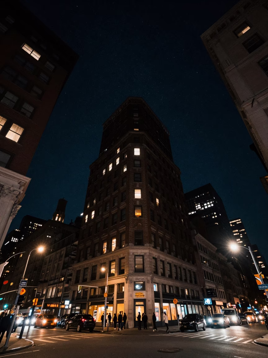 Deep Night Sky Over New York City Street Corner with Vintage Details in in New York, New York, United States