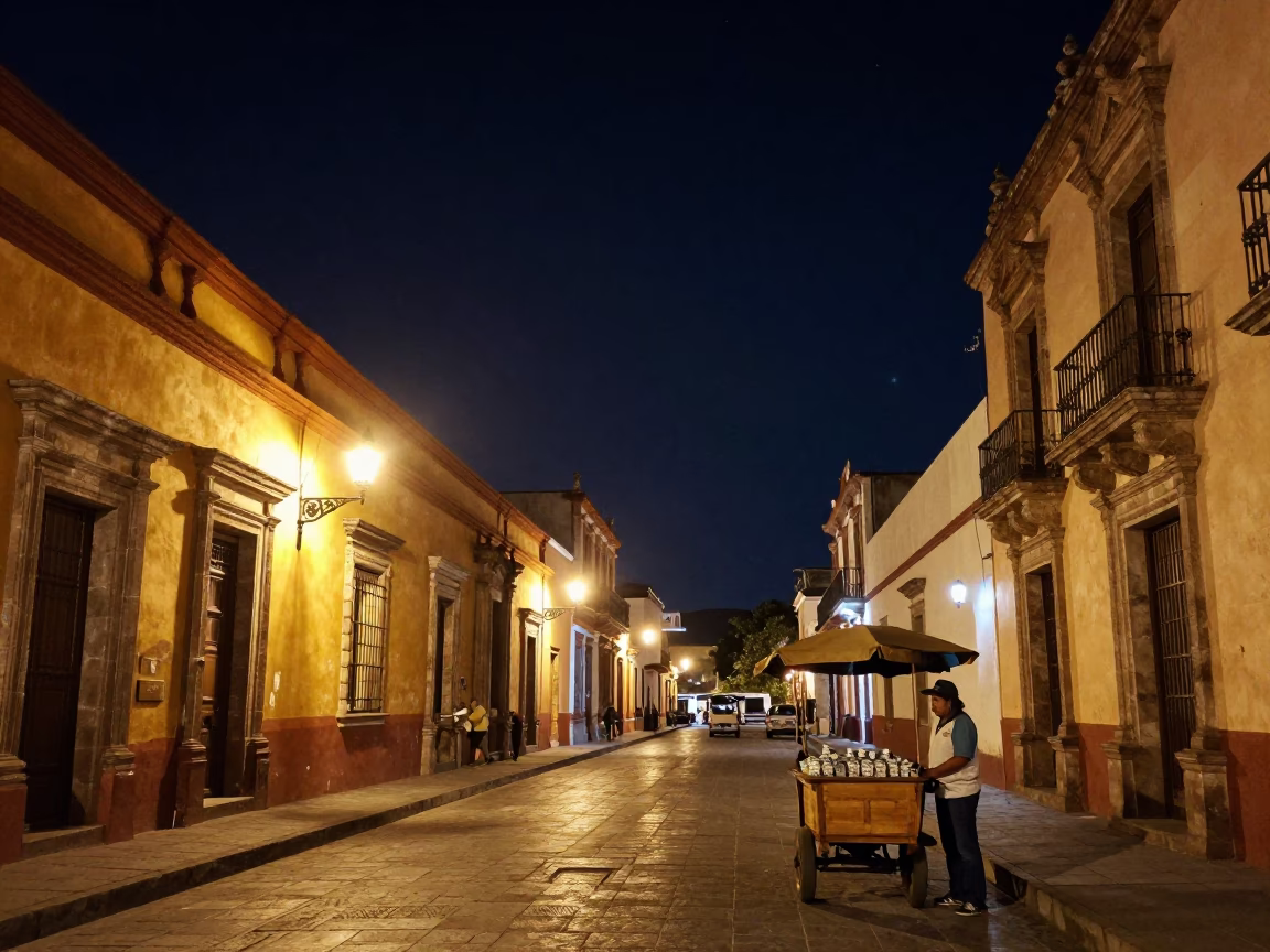 Deep Night Sky Over Oaxaca Mexico City Street With Mezcal and Papayas in in Oaxaca, Mexico