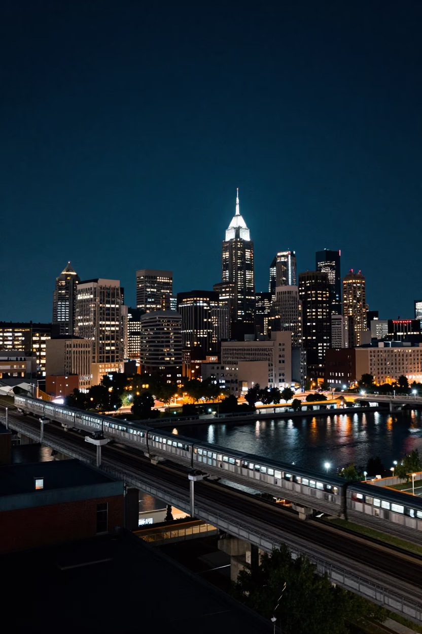 Deep Night Sky Over Philadelphia PA Urban Landscape with Monorail River Crossing Blue Hour in in Philadelphia, Pennsylvania, United States