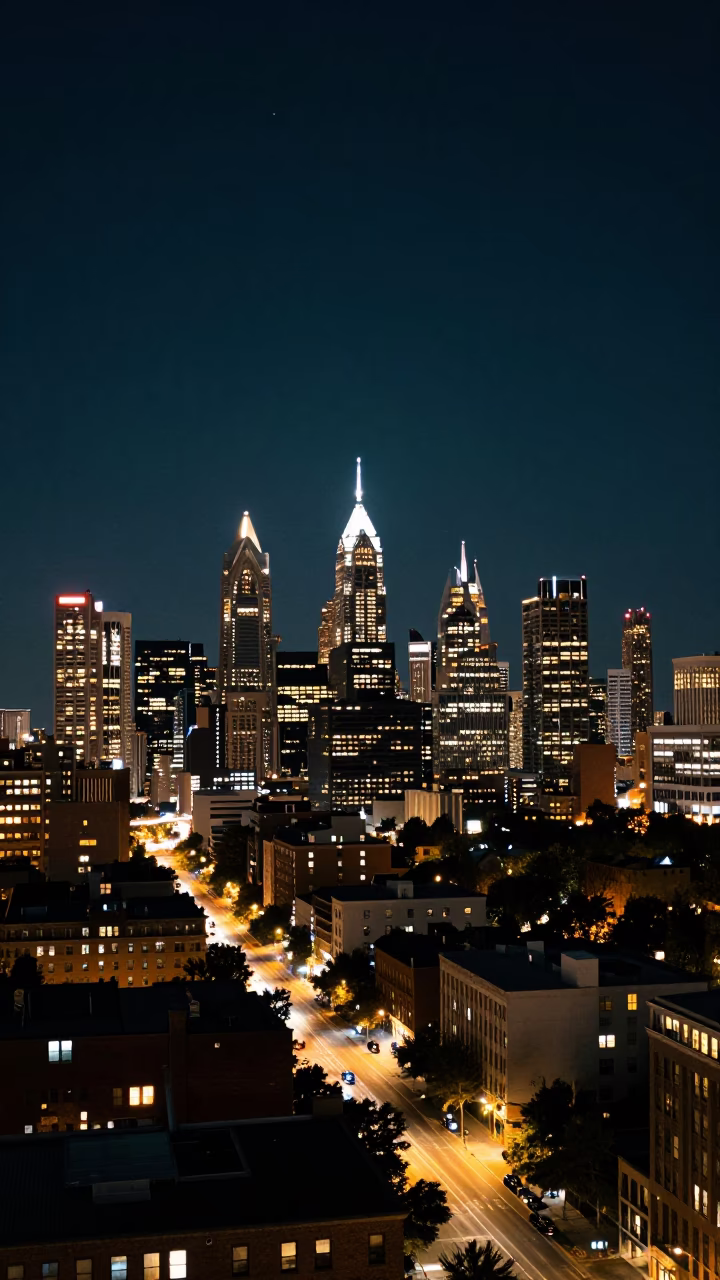 Deep Night Sky Over Philadelphia Pennsylvania City Skyline and Urban Street Level in in Philadelphia, Pennsylvania, United States