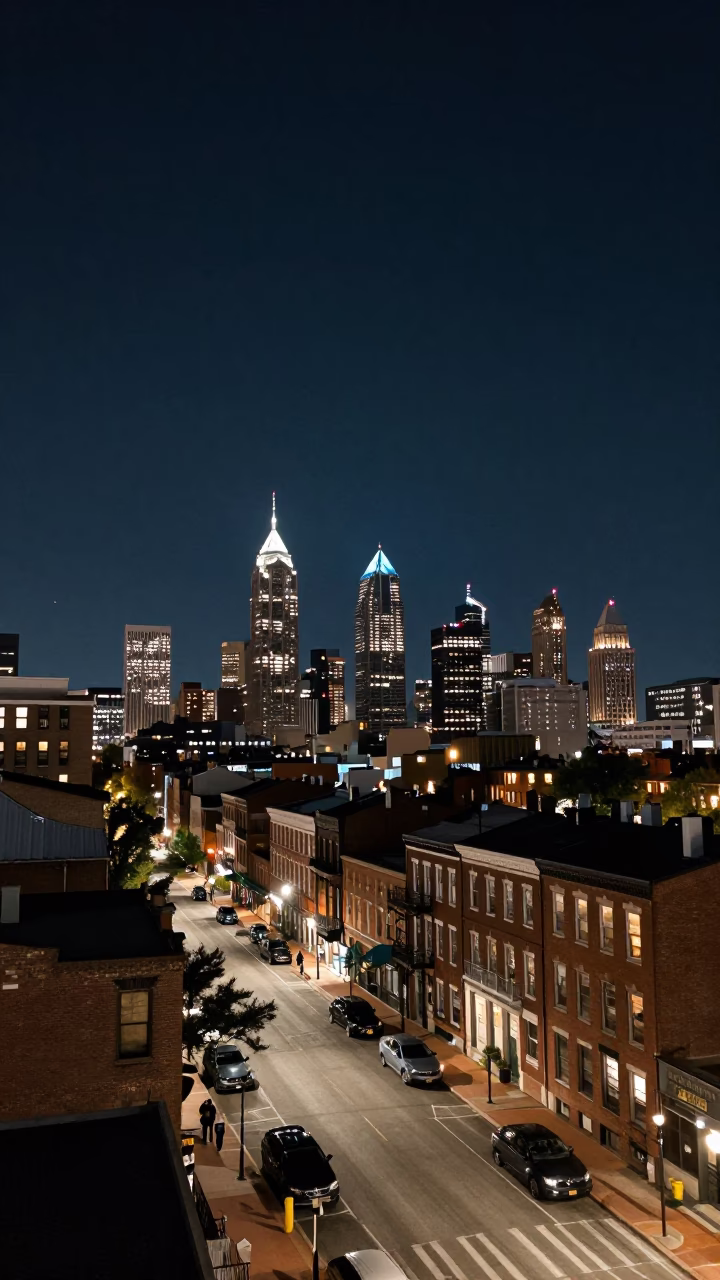 Deep Night Sky Over Philadelphia Pennsylvania Cityscape and Urban Street Scene in in Philadelphia, Pennsylvania, United States