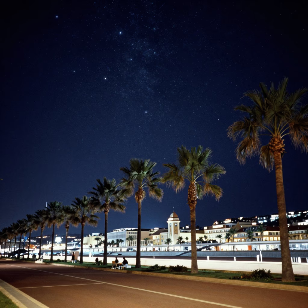 Deep Night Sky Over Promenade des Anglais Palm Trees in Nice France in in Nice, France