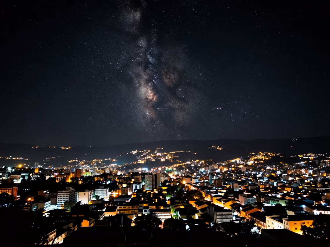Deep Night Sky Over Quito Ecuador City Lights and Urban Architecture in in Quito, Ecuador