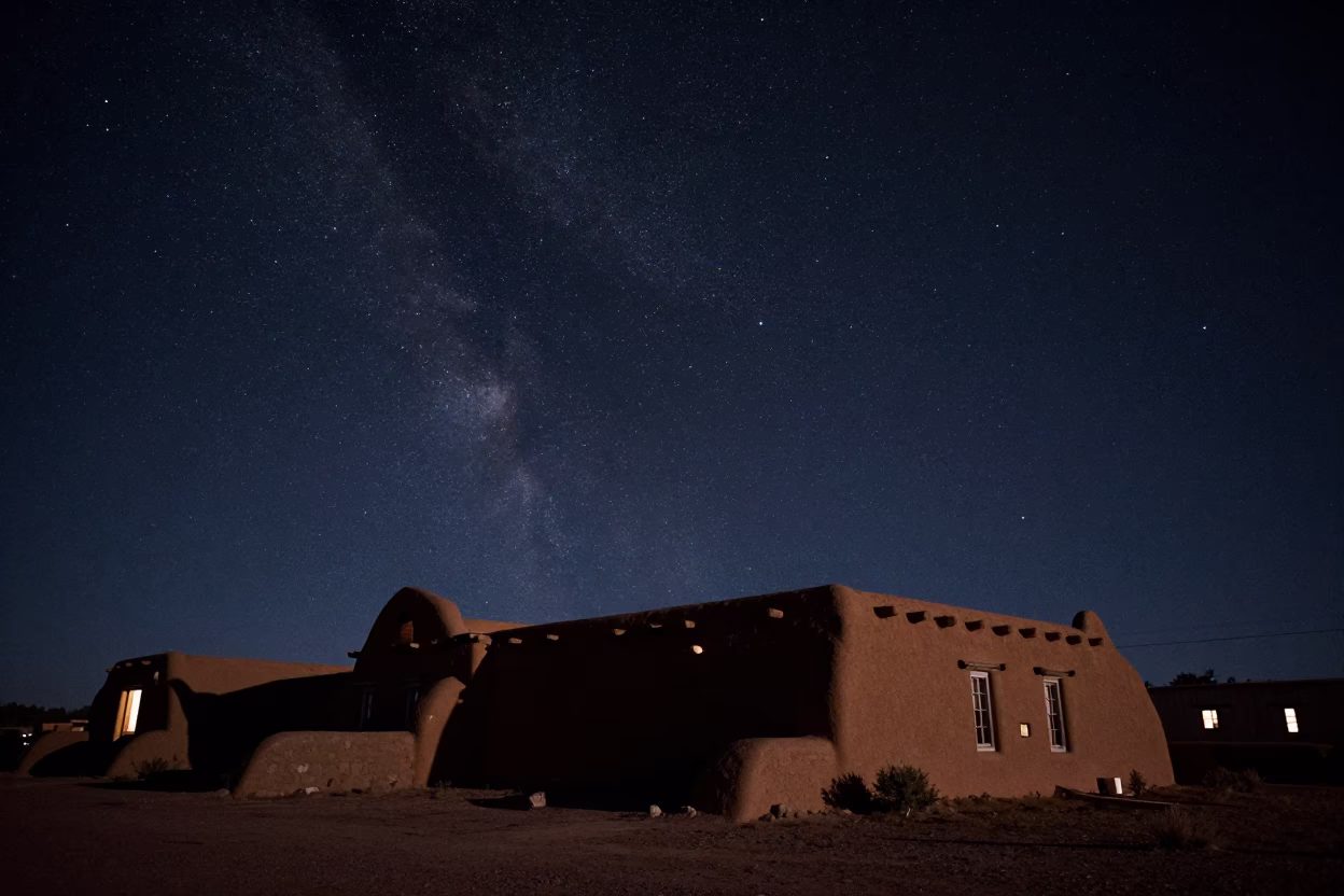 Deep Night Sky Over Santa Fe Adobe Architecture and Desert Landscape in in Santa Fe, New Mexico, United States