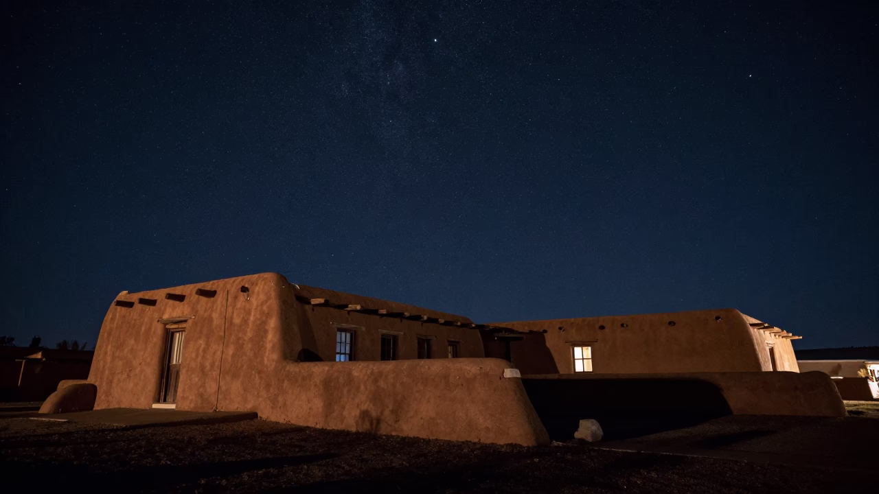Deep Night Sky Over Santa Fe New Mexico Adobe Architecture and Starlight in in Santa Fe, New Mexico, United States