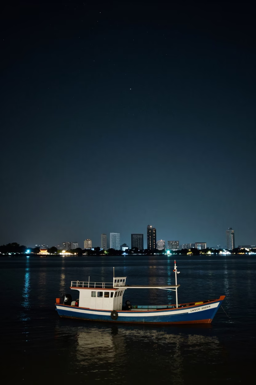 Deep Night Sky Over Surabaya Indonesia Harbor Junk Boat and Canal Edge in in Surabaya, Indonesia