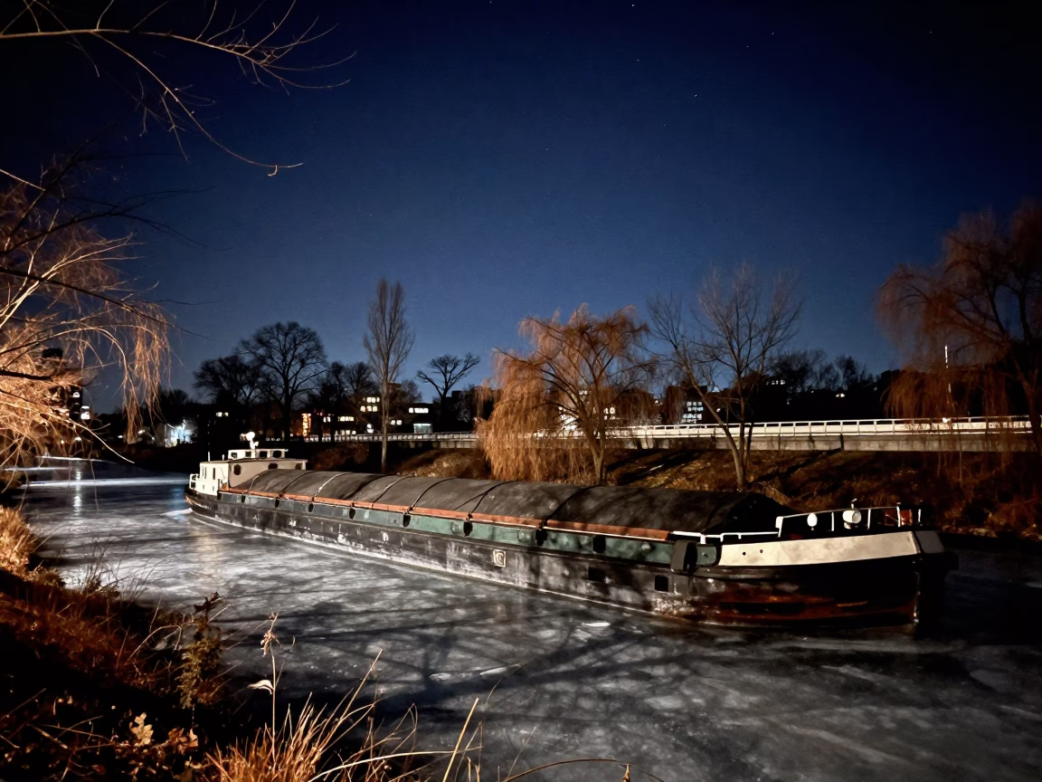Deep Night Sky Over Toronto Ontario Canal Barge and Highway Light Trails in in Toronto, Ontario, Canada