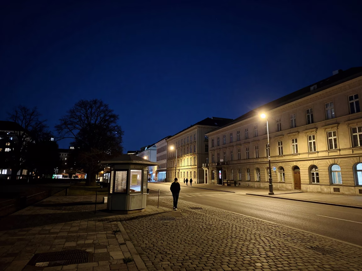 Deep Night Sky Over Vienna Austria Cityscape and Quiet Street Scene in in Vienna, Austria