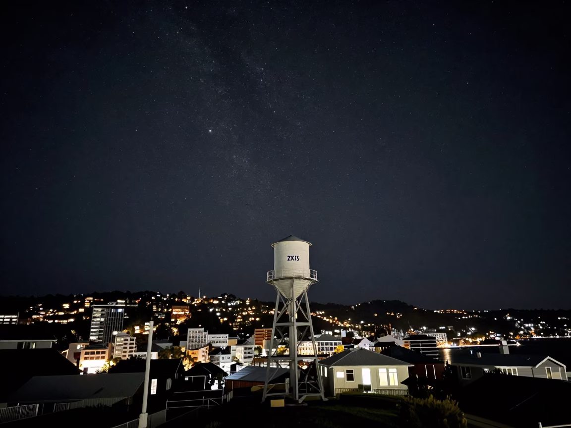 Deep Night Sky Over Wellington New Zealand Harbor with Water Tower and City Lights in in Wellington, New Zealand