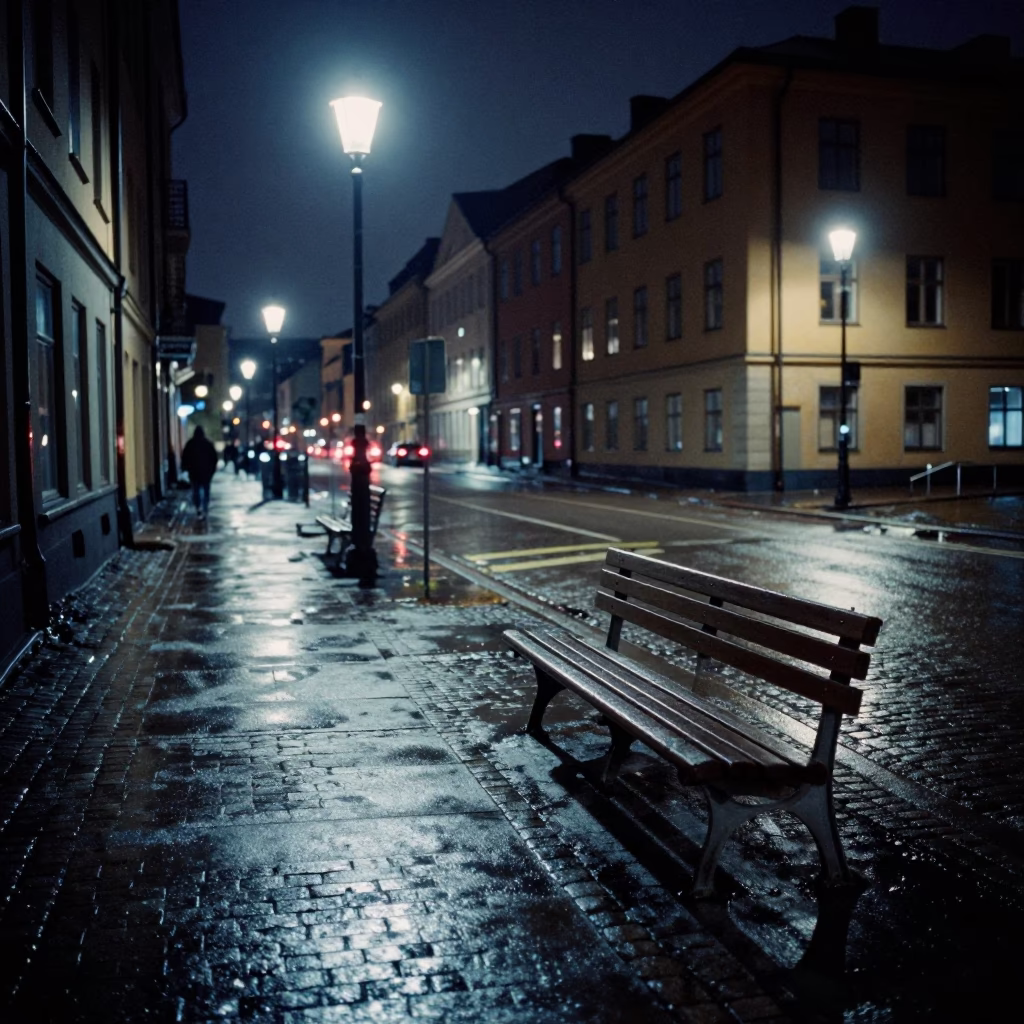 Deep Night Stockholm Street Scene with Bench Shadows and Urban Elements in in Stockholm, Sweden