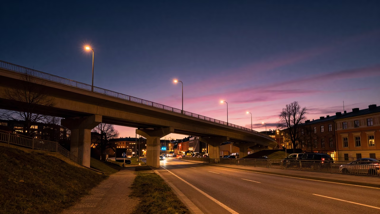 Deep Night Stockholm Street Scene with Highway Flyover and Garden Benches Under Starry Sky in in Stockholm, Sweden