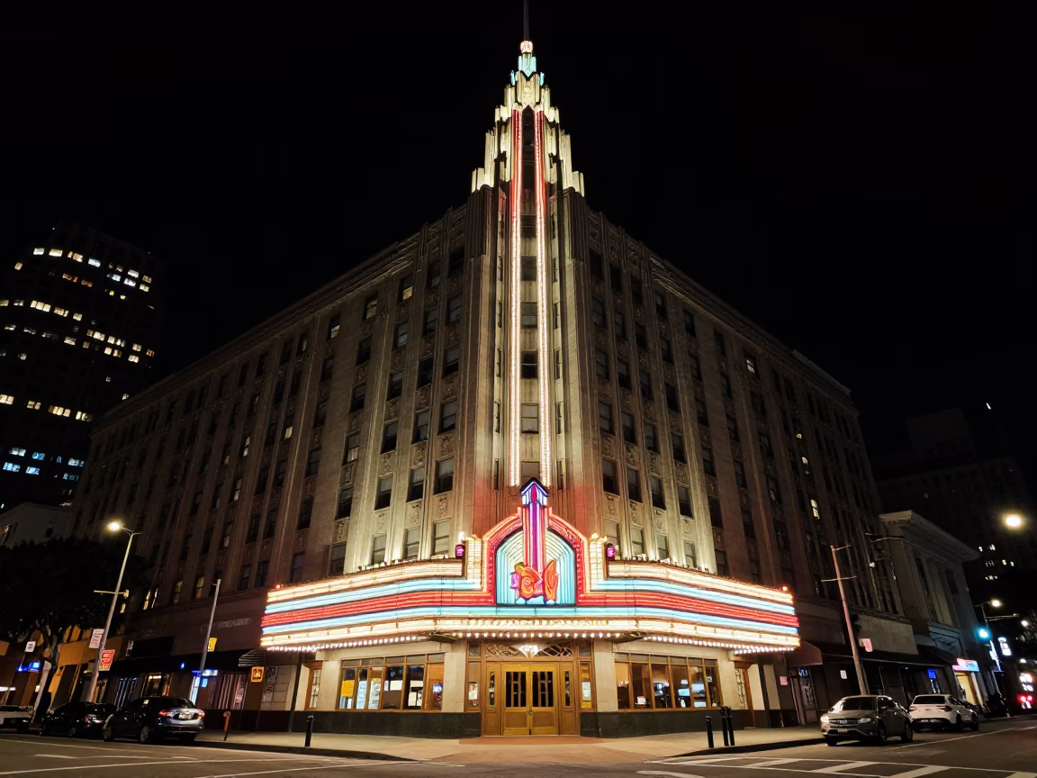 Deep Night Street Photography of Art Deco Hotel Facade in San Francisco California in in San Francisco, California, United States