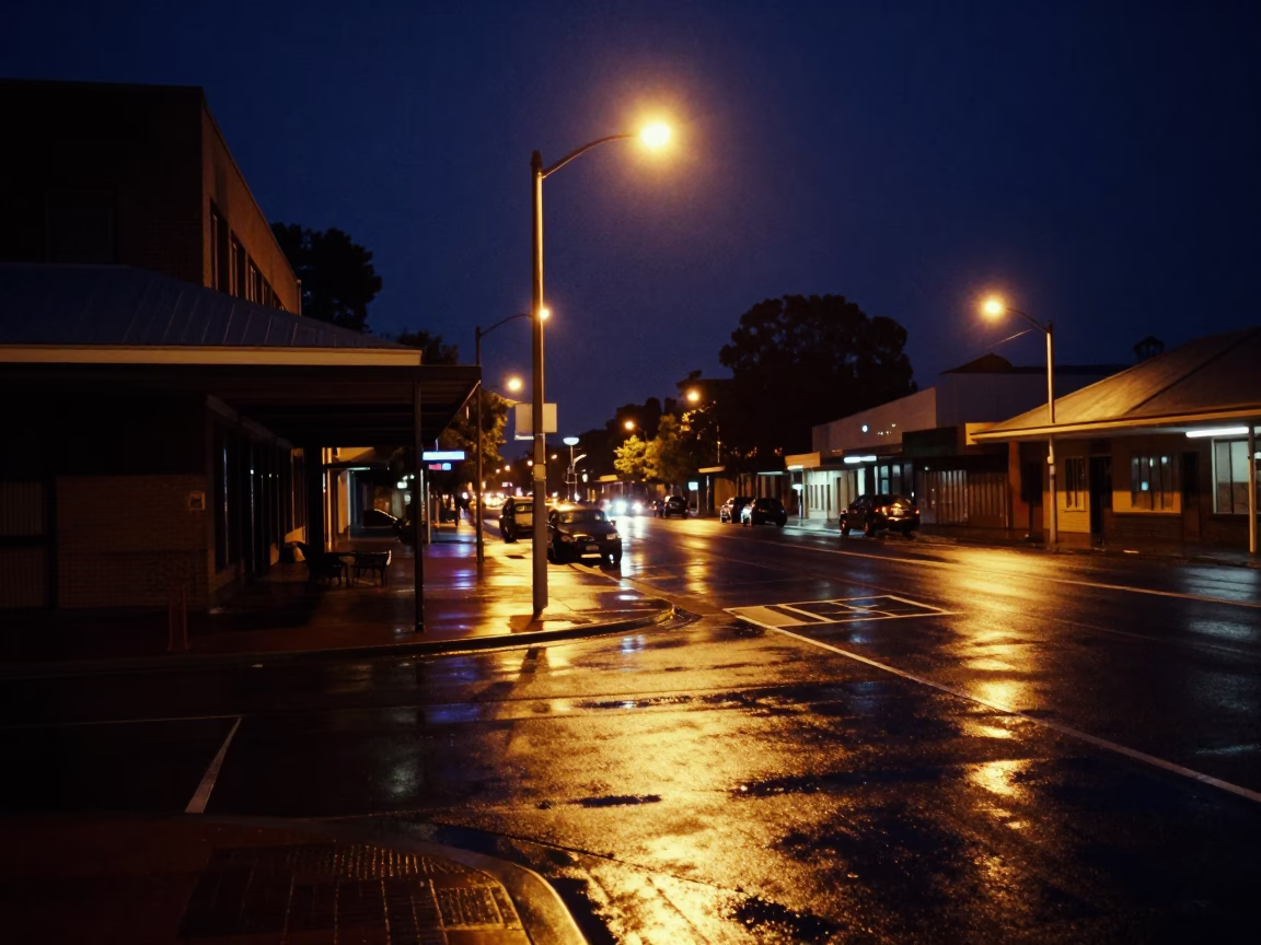 Deep Night Street Scene in Adelaide South Australia with Wet Pavement and Urban Infrastructure in in Adelaide, South Australia, Australia