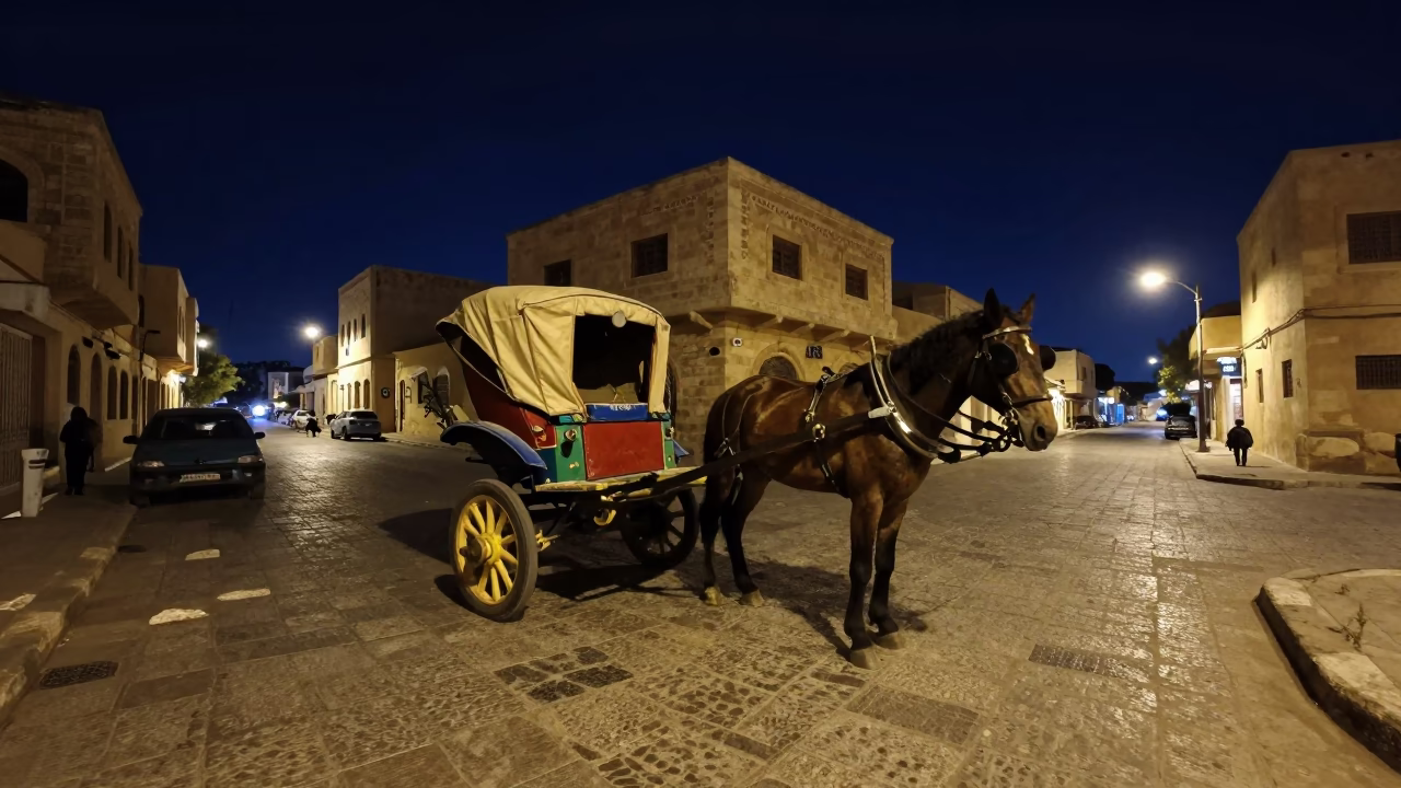 Deep Night Street Scene in Alexandria Egypt with Horse Drawn Cart on Cobblestones in in Alexandria, Egypt