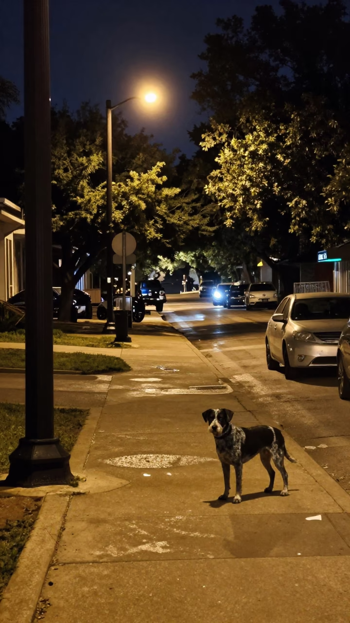 Deep Night Street Scene in Austin Texas with Bluetick Coonhound and Wicker Chair Shadow in in Austin, Texas, United States