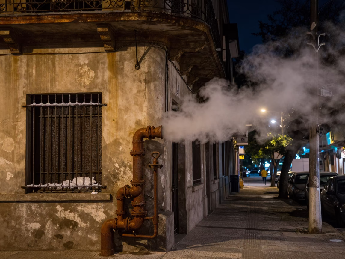 Deep Night Street Scene in Buenos Aires Argentina with Rust and Steam in in Buenos Aires, Argentina
