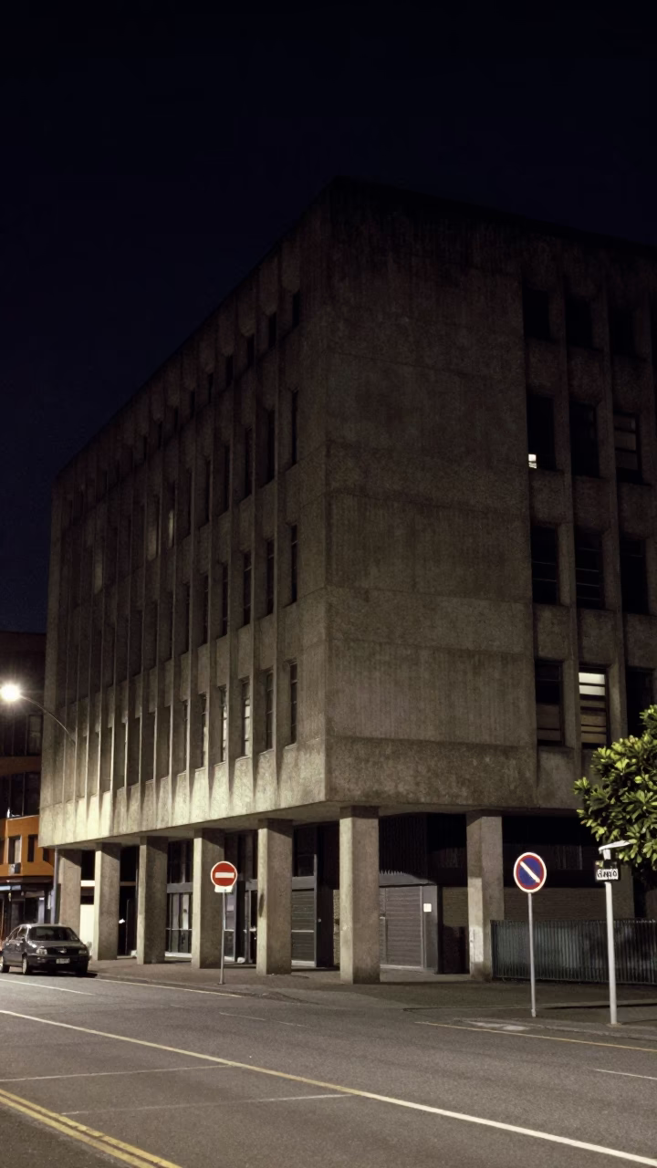 Deep Night Street Scene in Christchurch New Zealand With Concrete Brutalist Architecture in in Christchurch, New Zealand