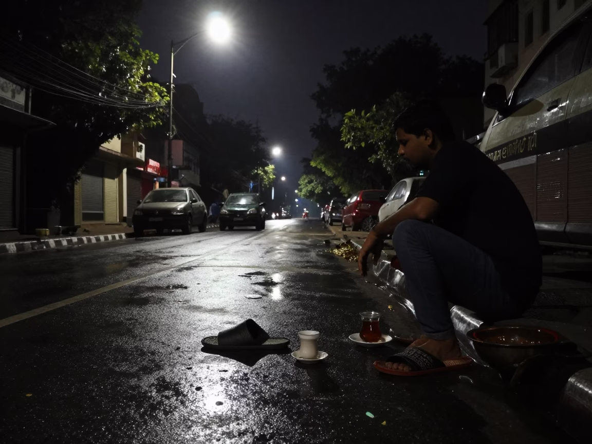 Deep Night Street Scene in Delhi India with Slippers and Tea Tin in in Delhi, India