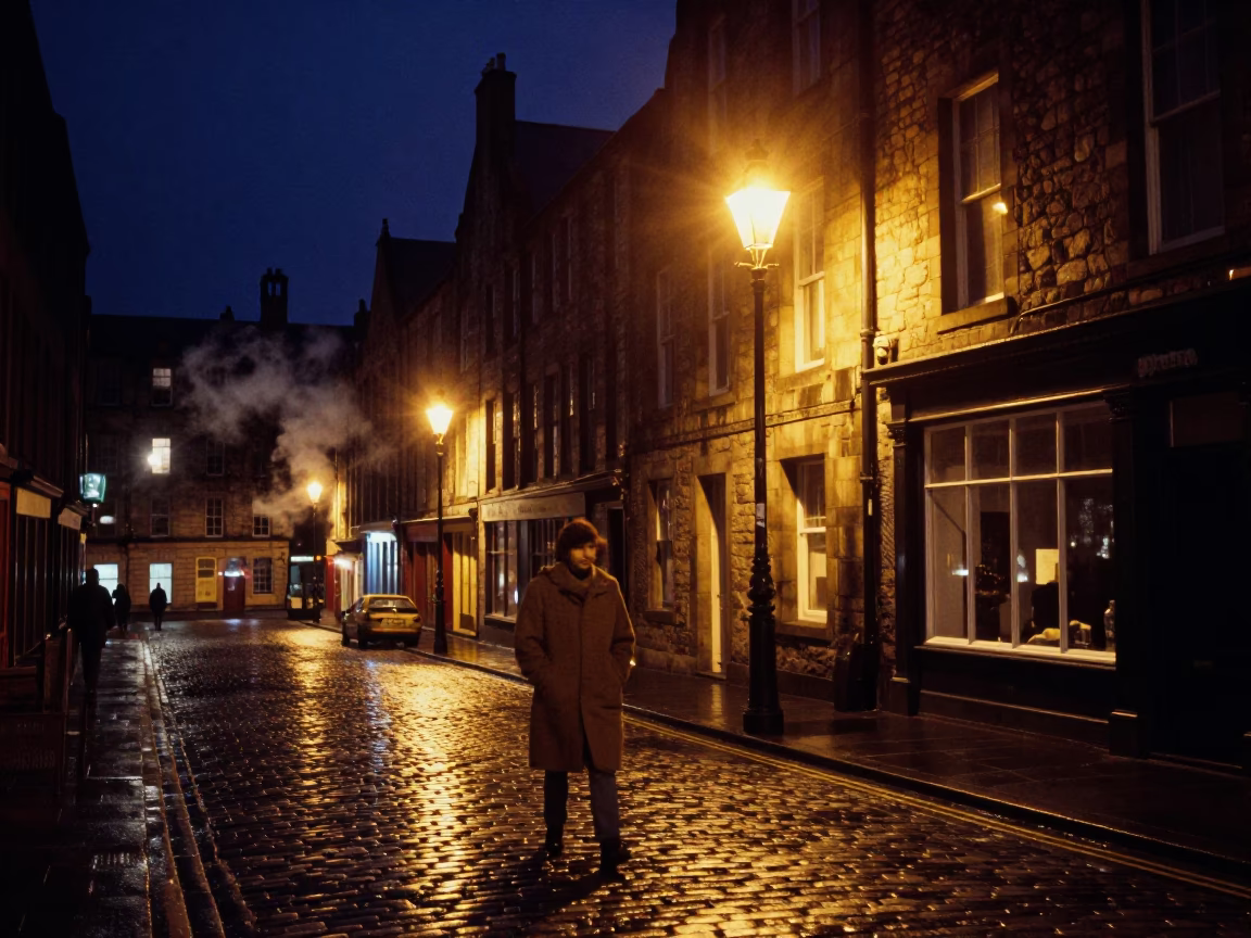 Deep Night Street Scene in Edinburgh UK with Steam and Urban Details in in Edinburgh, United Kingdom