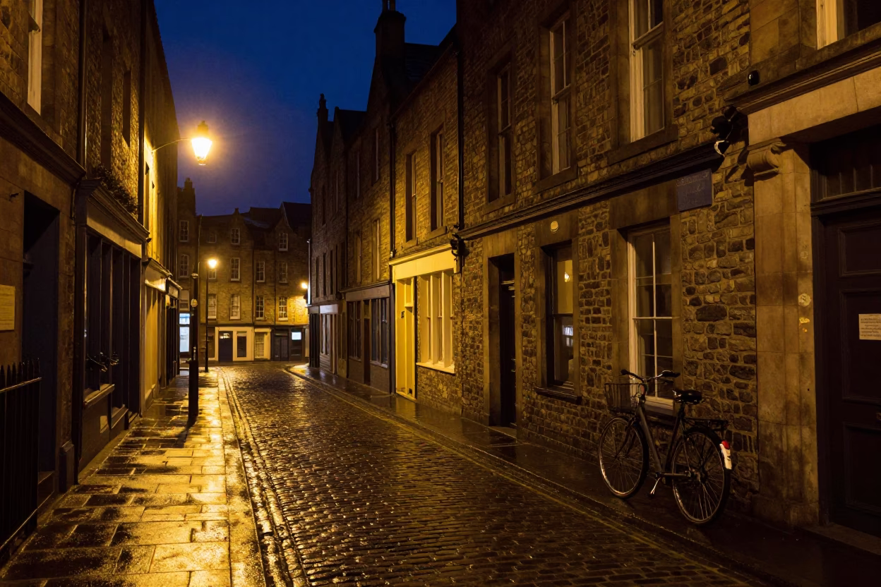 Deep Night Street Scene in Edinburgh United Kingdom with Bicycle and Urban Details in in Edinburgh, United Kingdom