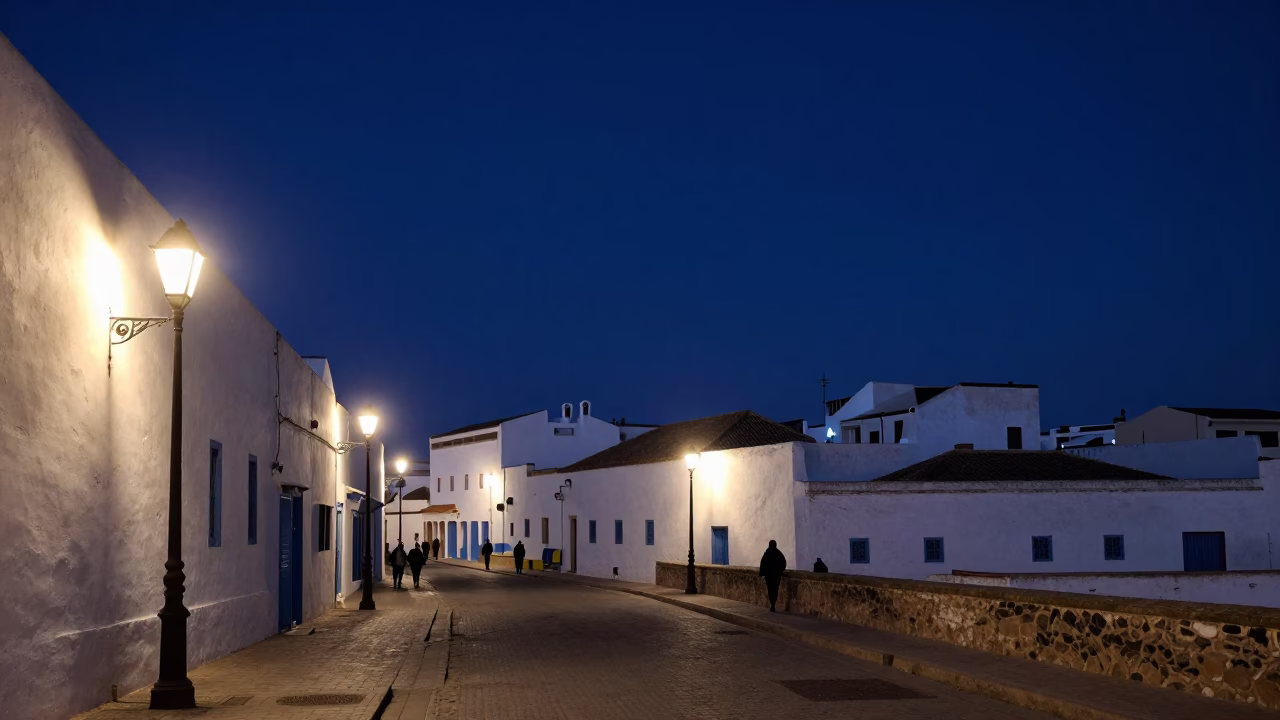 Deep Night Street Scene in Essaouira Morocco with Lamps and Architecture in in Essaouira, Morocco