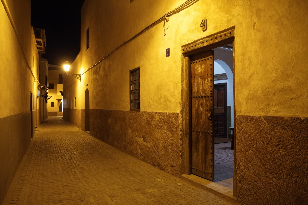 Deep Night Street Scene in Essaouira Morocco With Traditional Architecture And Local Life in in Essaouira, Morocco