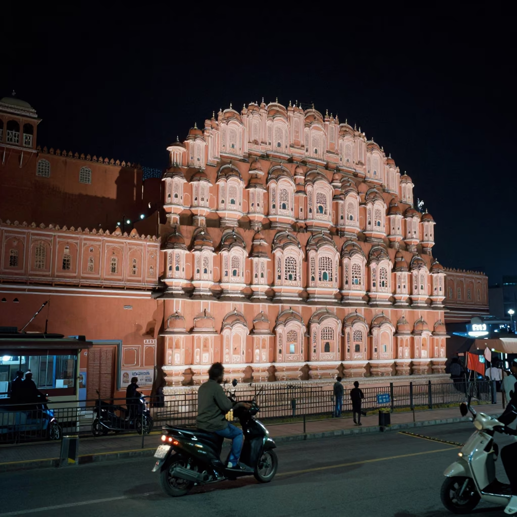 Deep Night Street Scene in Jaipur India with Heritage Architecture and Blue Porcelain in in Jaipur, India