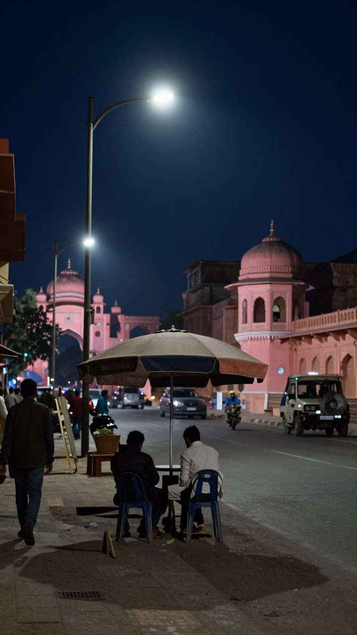 Deep Night Street Scene in Jaipur India with Umbrella Stand and Newspaper Stack in in Jaipur, India