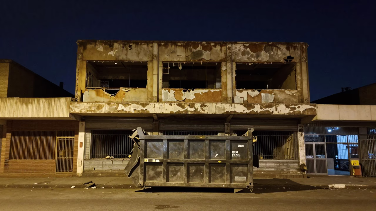 Deep Night Street Scene in Johannesburg South Africa with Demolition Dumpster and Gutted Storefront in in Johannesburg, South Africa